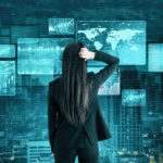 Businesswoman looking to digital business interface