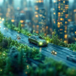 A large semi-truck covered in lush green foliage driving down a forest road, symbolizing eco-friendly transportation