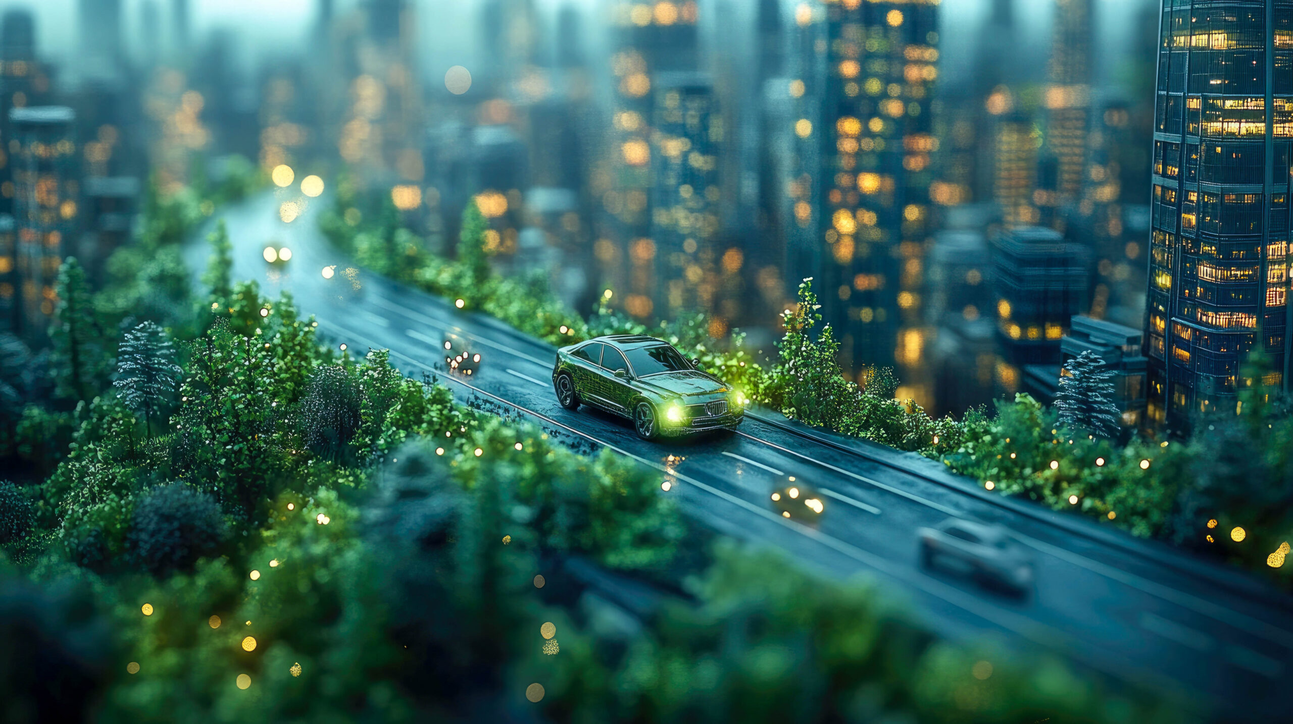 A large semi-truck covered in lush green foliage driving down a forest road, symbolizing eco-friendly transportation